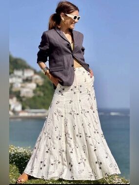 House of Harlow 1960 Embroidered Linen Blend Skirt Size 10 New Without Tag Cream